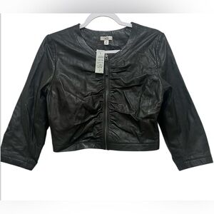 NWT Cache’ women’s Medium long sleeve zip up cropped black leather jacket